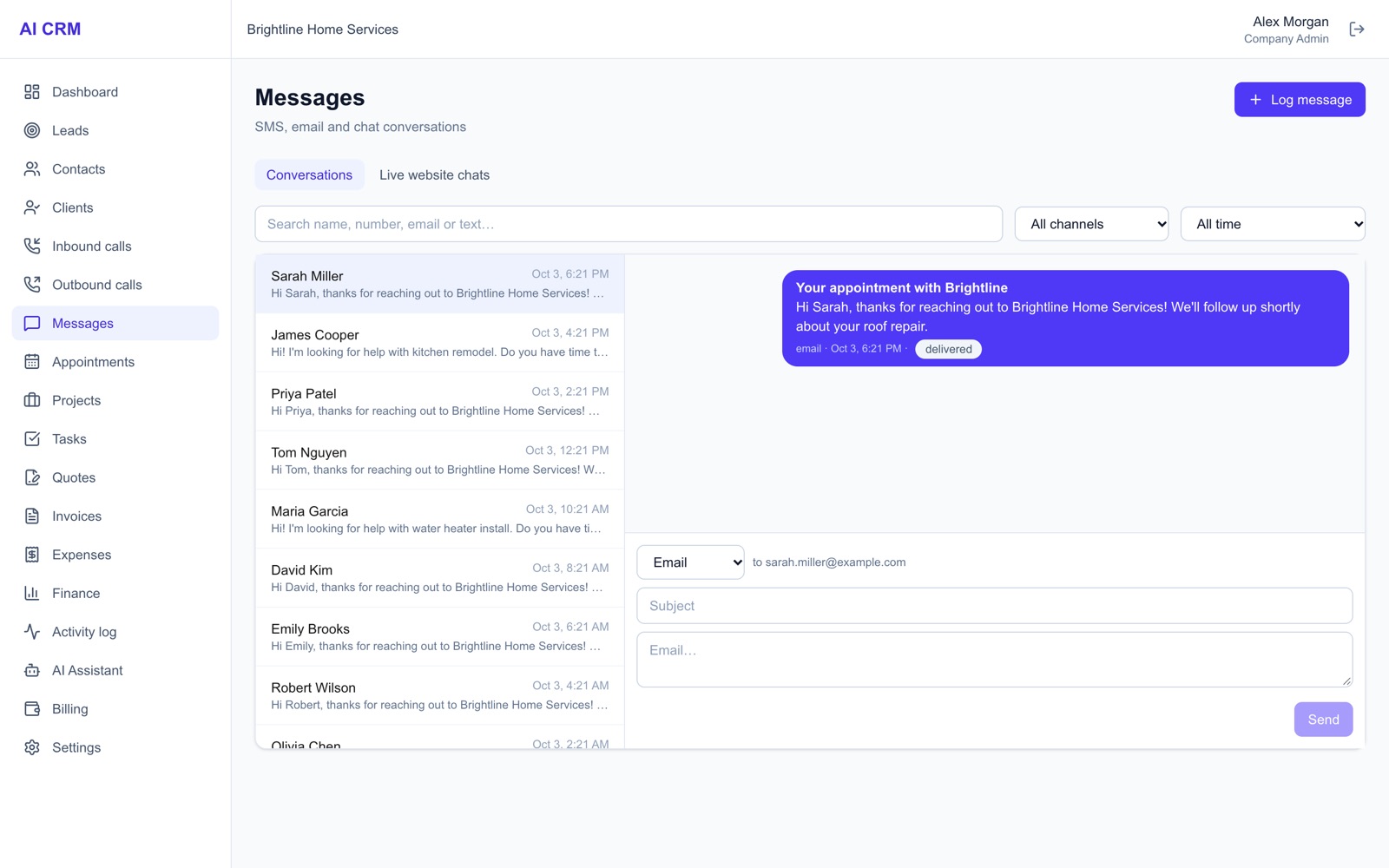 Bandeja de mensajes de H2M con conversaciones de SMS, correo y chat web