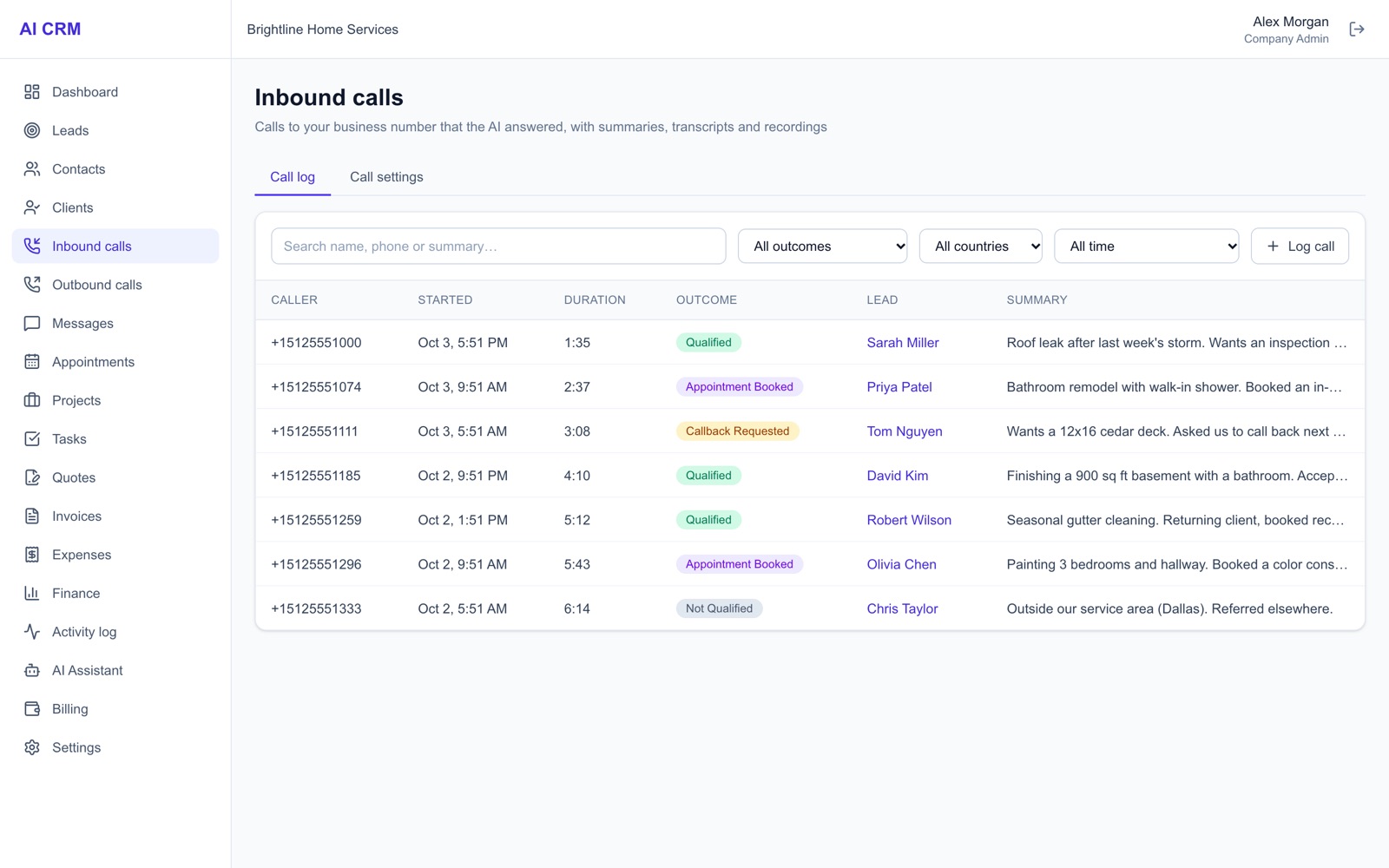 Registro de llamadas entrantes de H2M con llamantes calificados por IA y resúmenes de llamadas